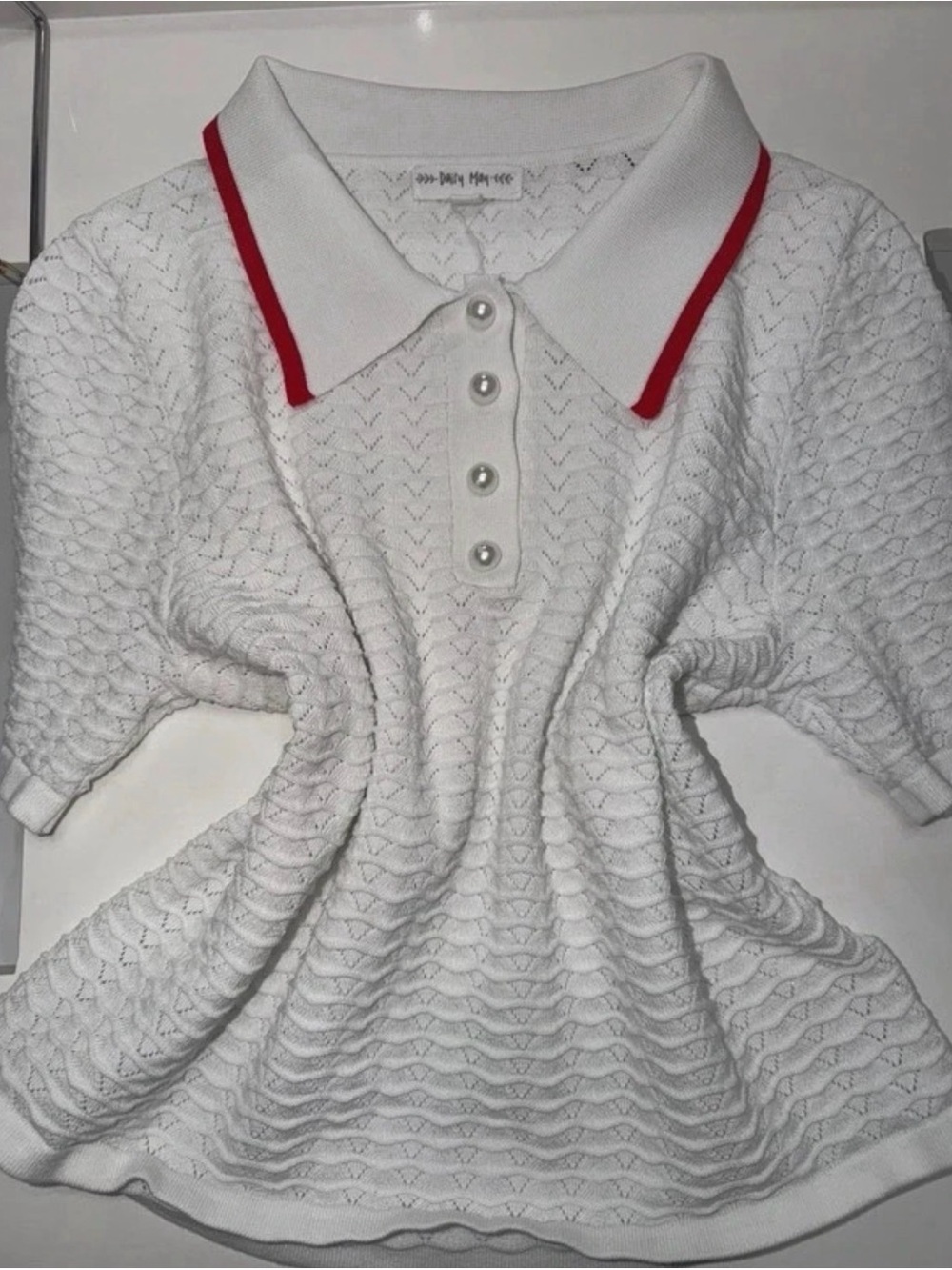 Girls White Knit Polo Dress with Red-Trim Collar by